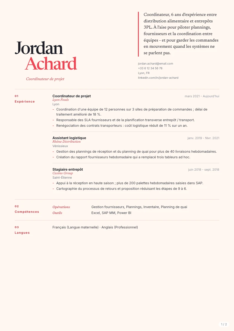 Modèle de CV Atria - première page