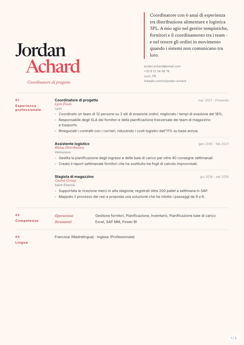Modello di CV Atria - prima pagina