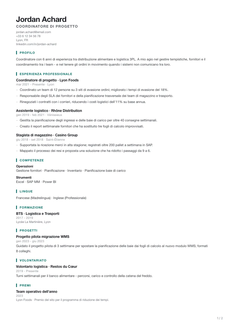 Modello di CV Civic - prima pagina