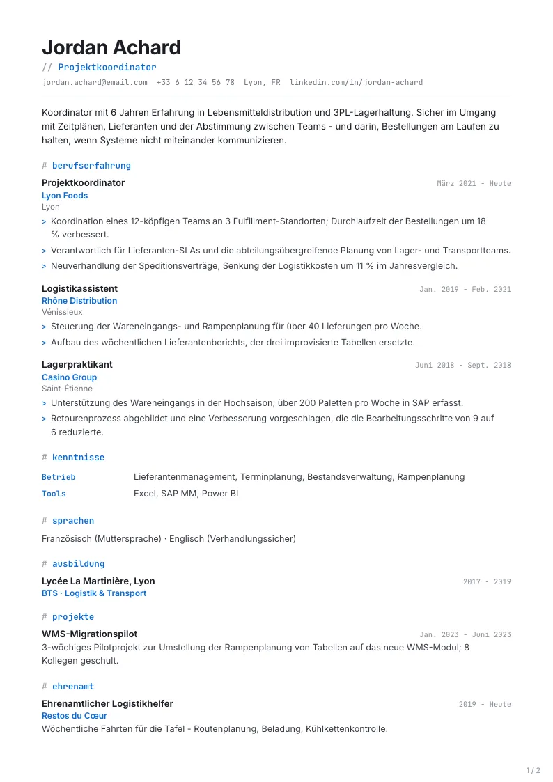 Developer Lebenslauf-Vorlage - erste Seite