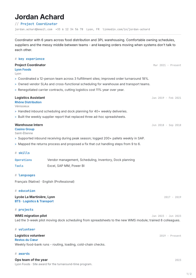 Developer resume template - first page