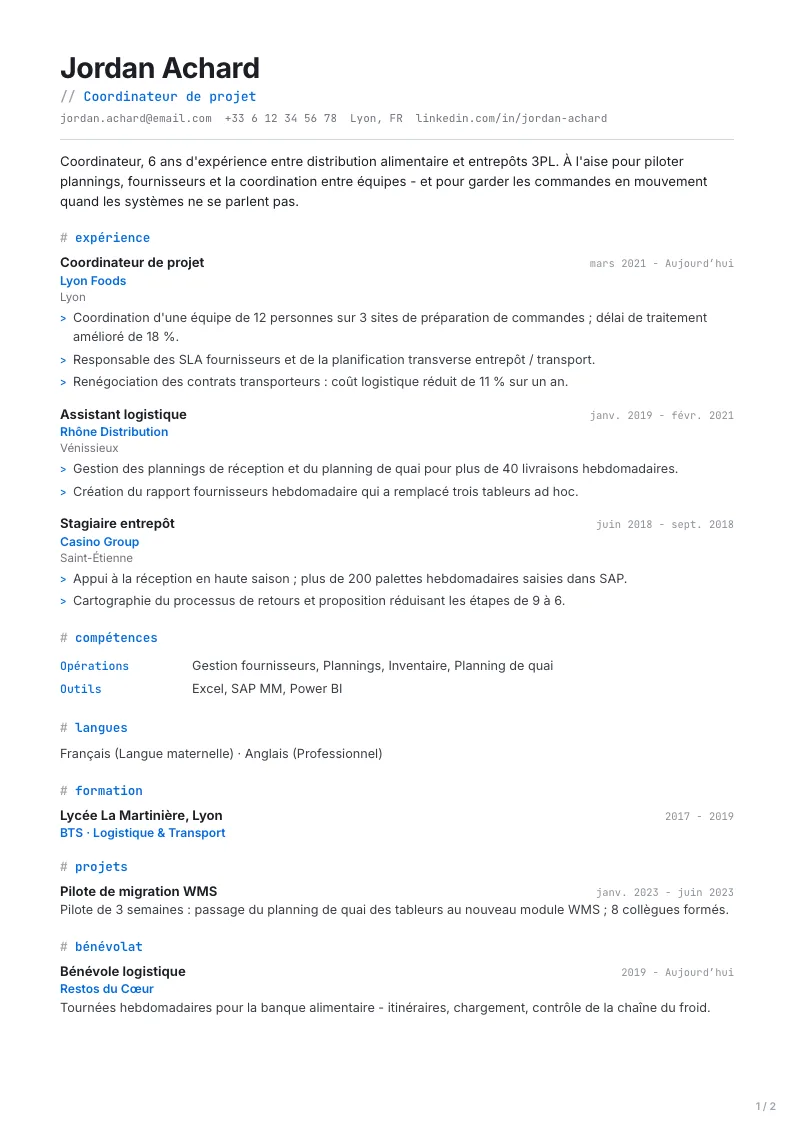 Modèle de CV Developer - première page