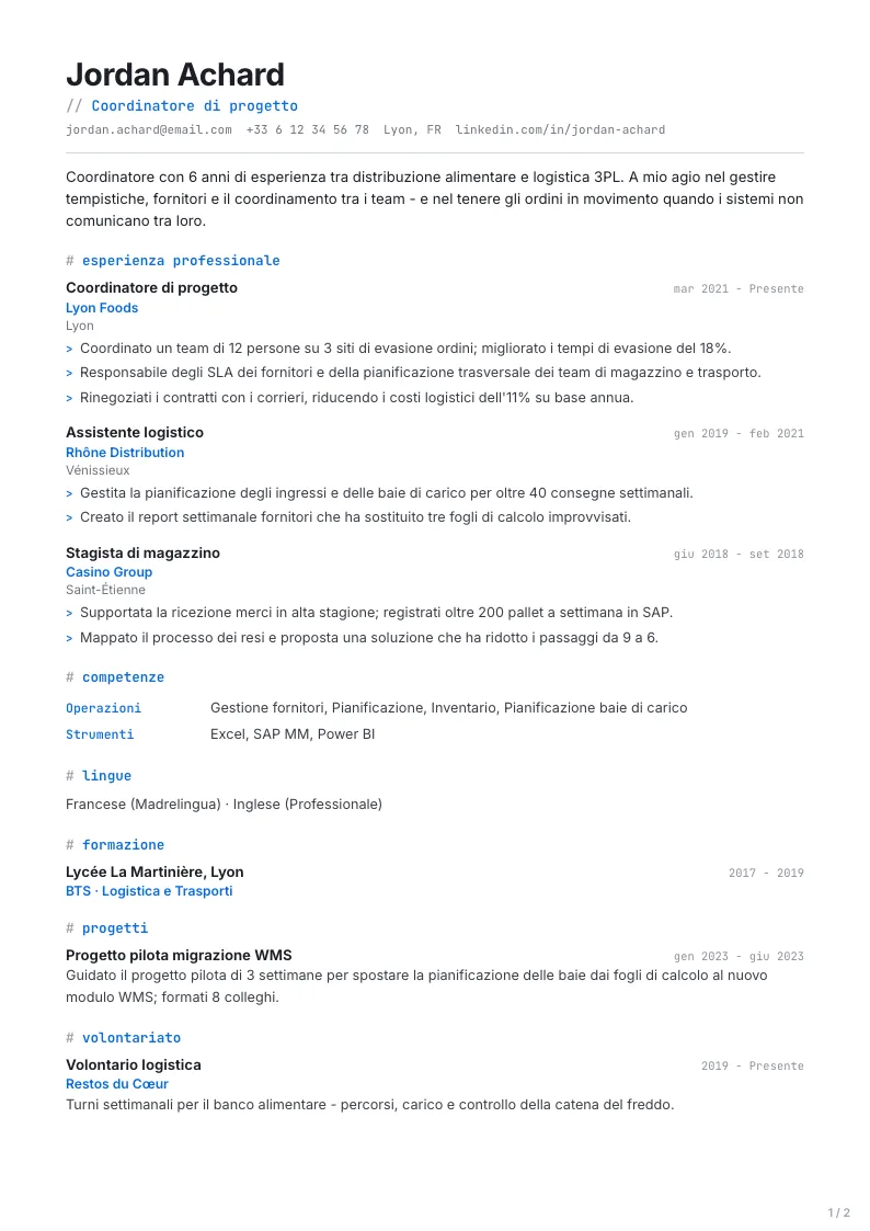 Modello di CV Developer - prima pagina