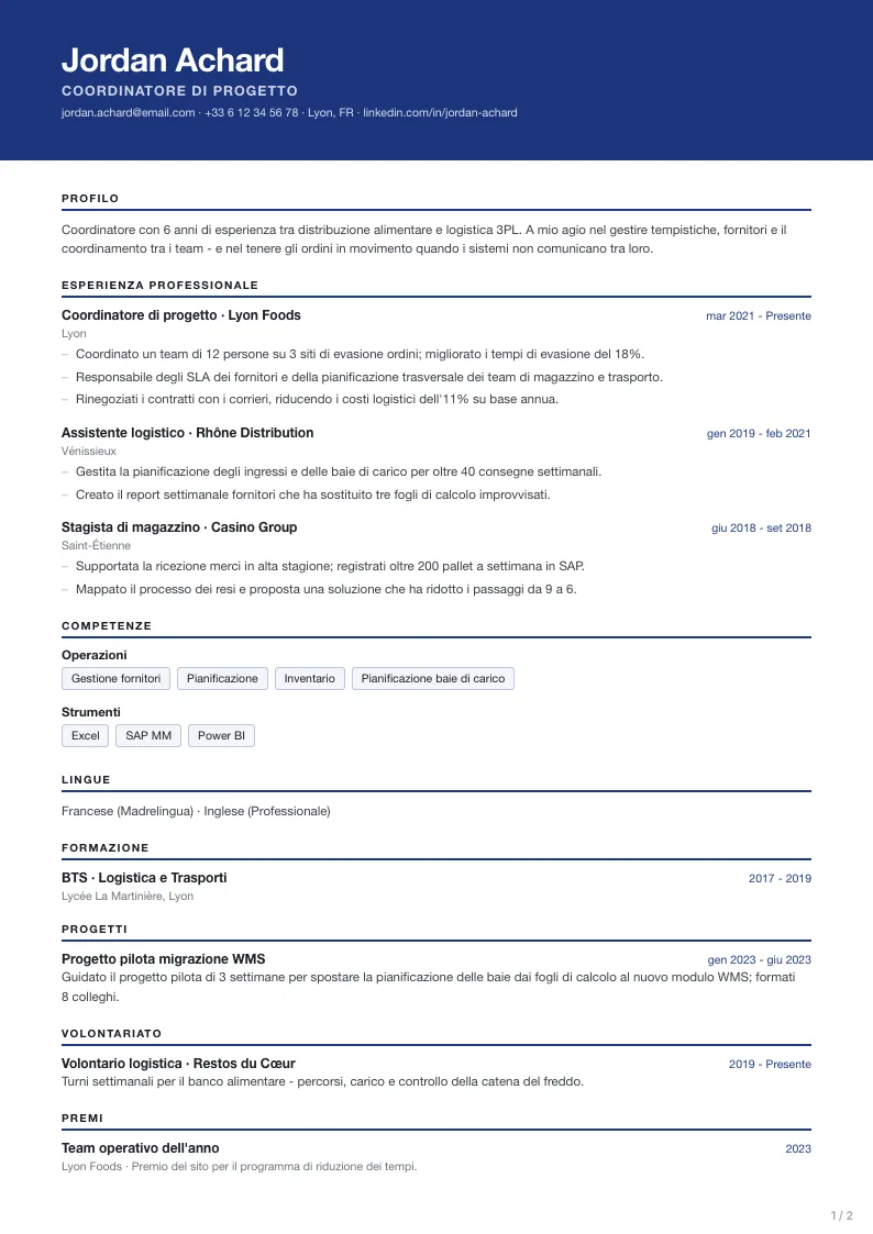 Modello di CV Harbor - prima pagina