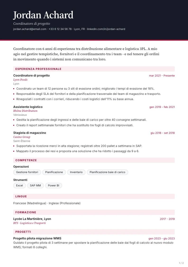 Modello di CV Lumen - prima pagina