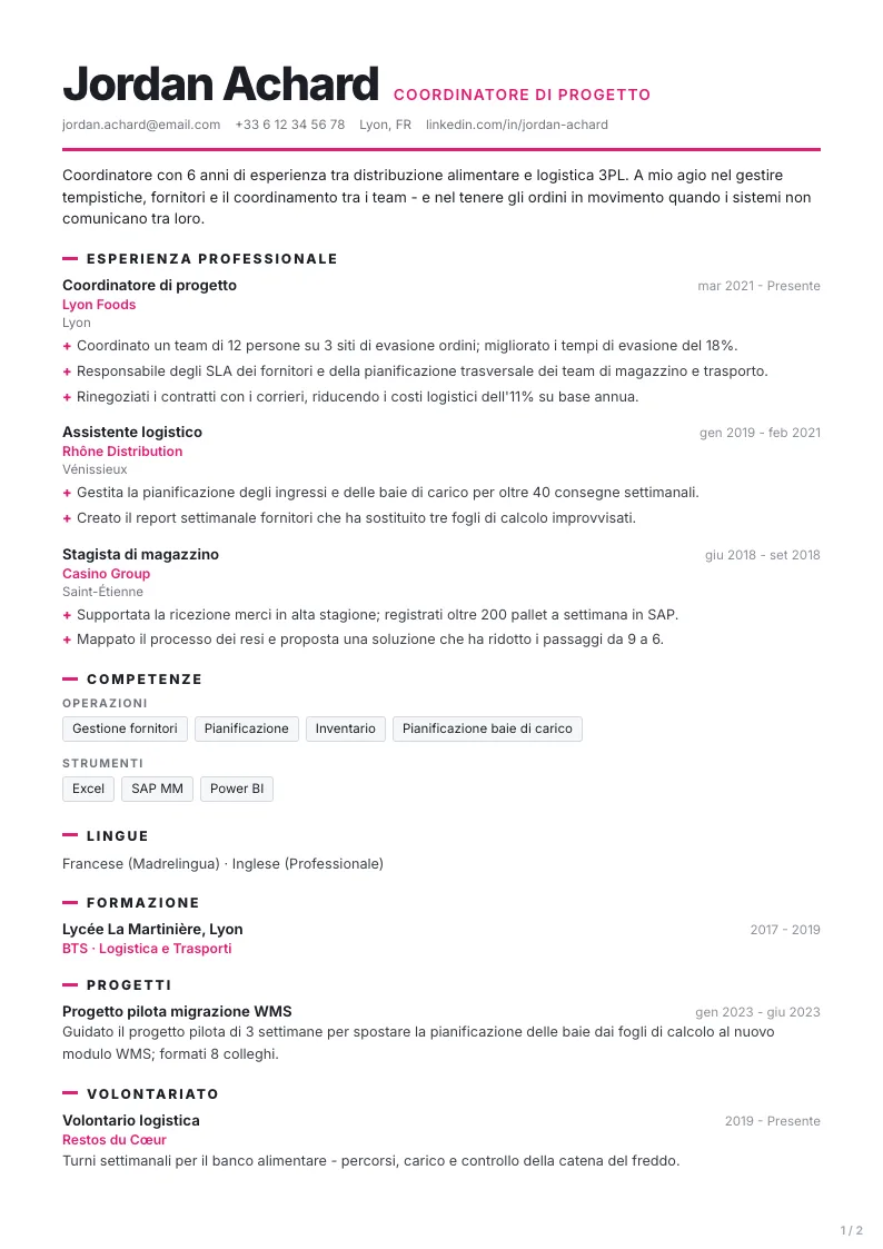 Modello di CV Marketing - prima pagina