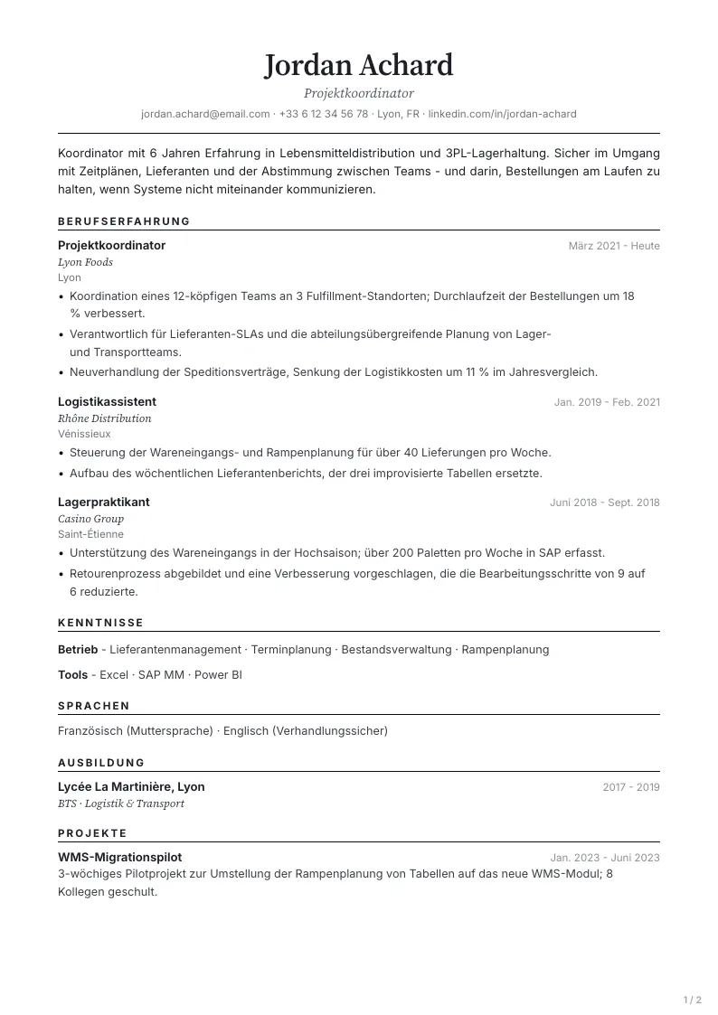 Minimal Lebenslauf-Vorlage - erste Seite