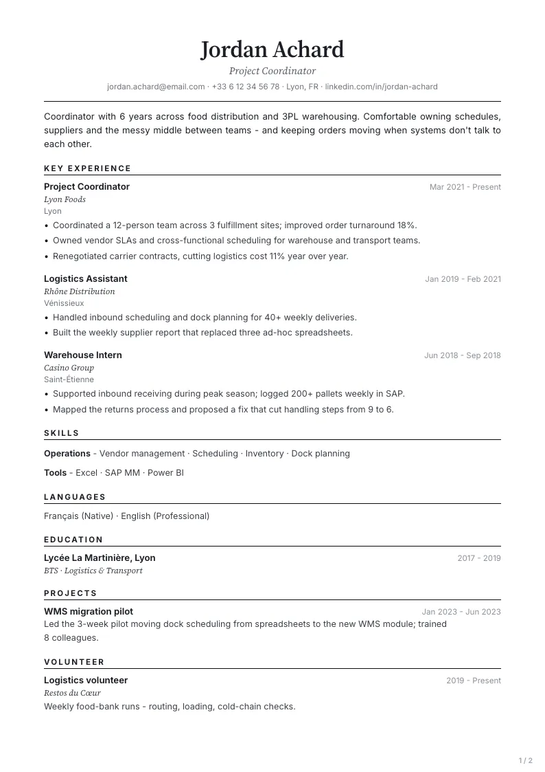 Minimal resume template - first page