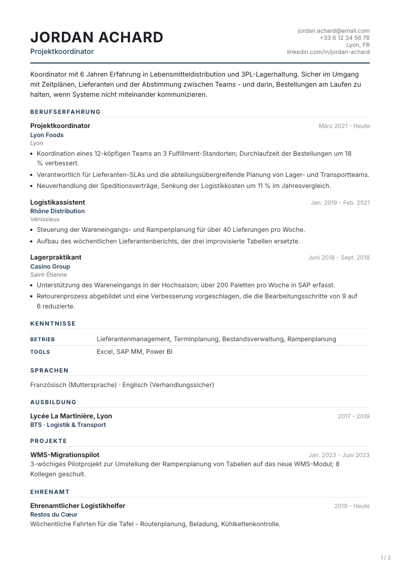 Professional Lebenslauf-Vorlage - erste Seite