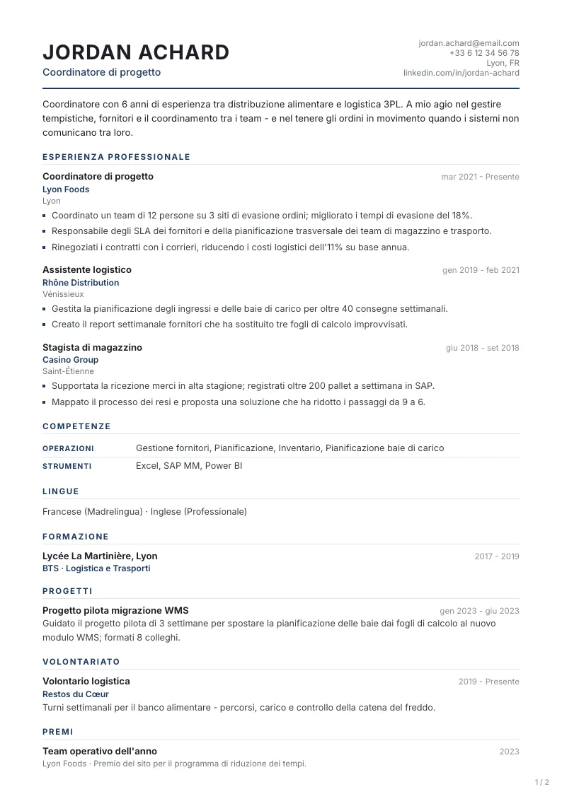 Modello di CV Professional - prima pagina