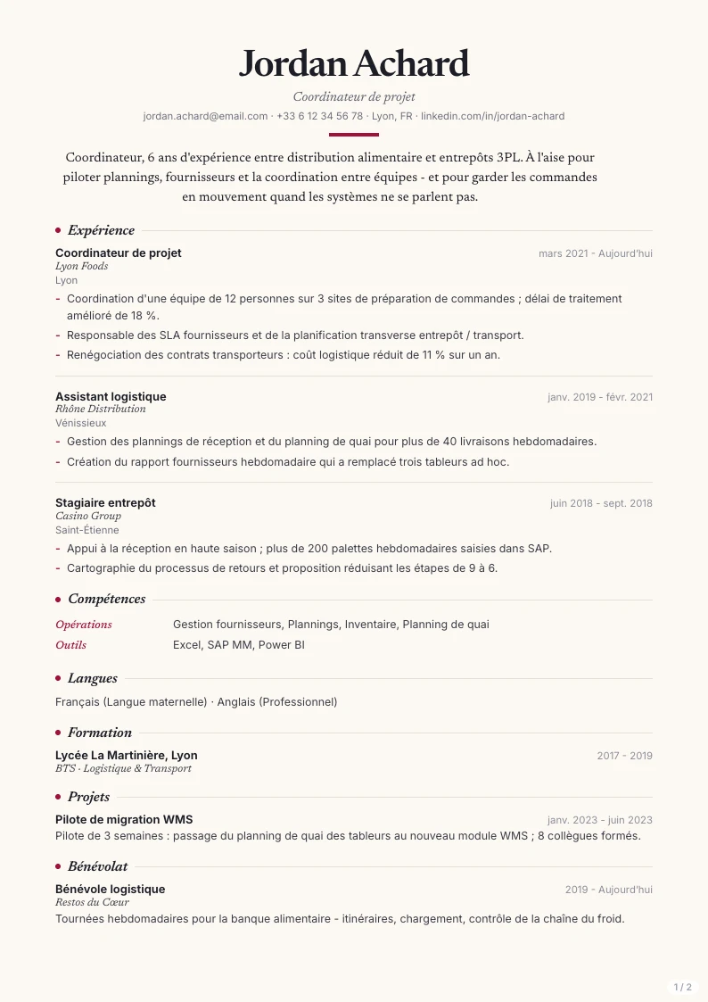 Modèle de CV Scribe - première page