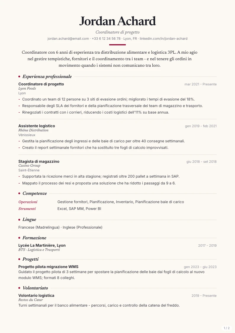Modello di CV Scribe - prima pagina