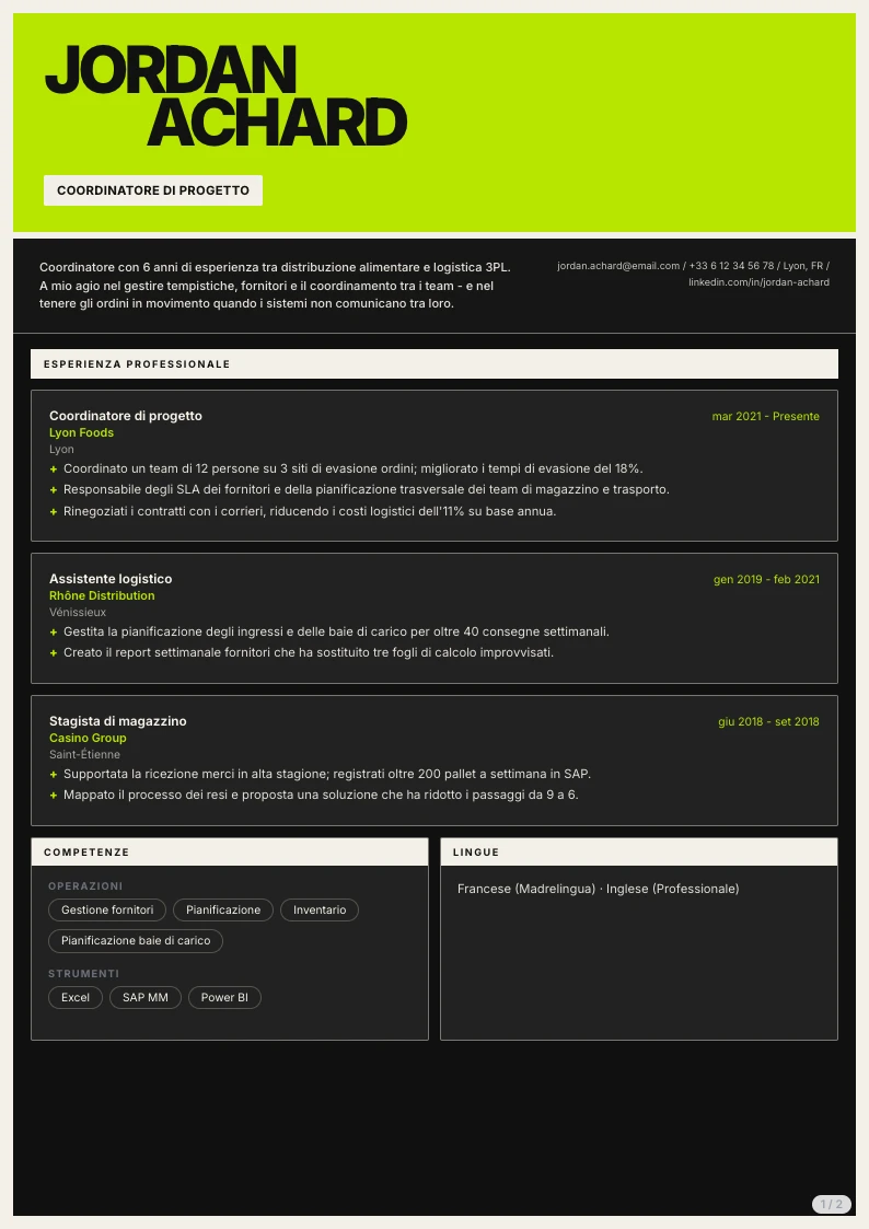 Modello di CV Spica - prima pagina