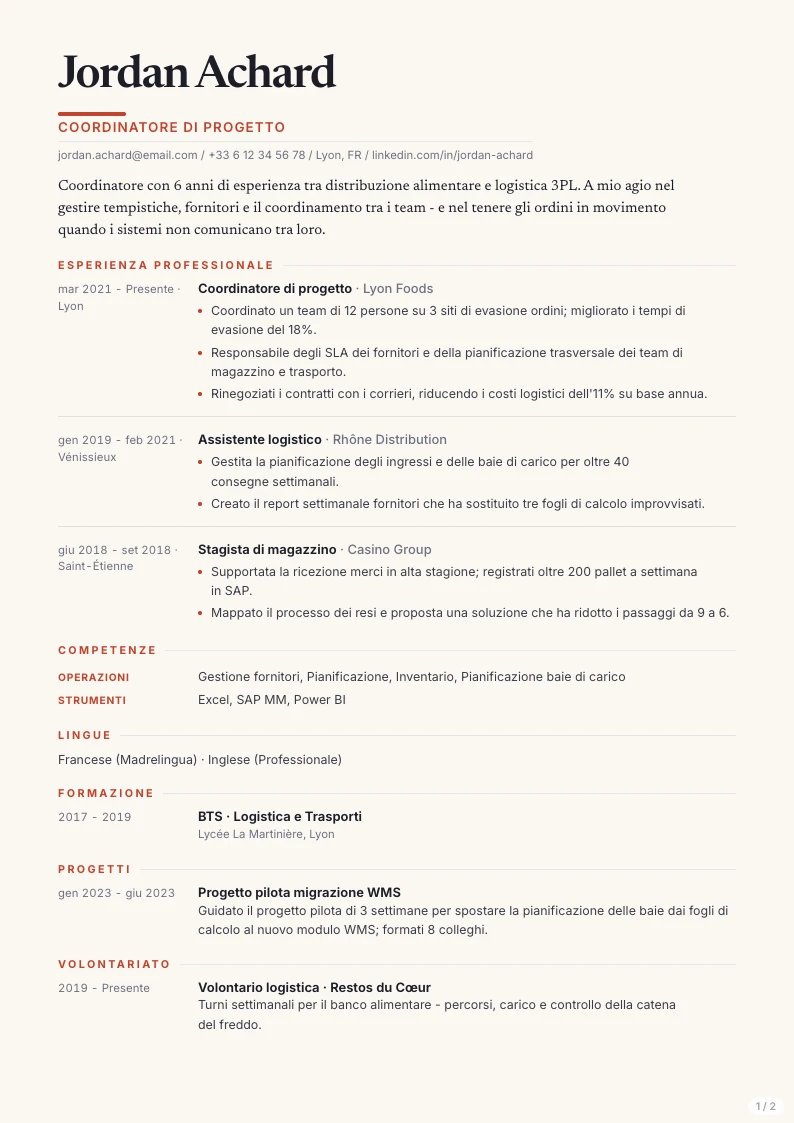Modello di CV Tempo - prima pagina