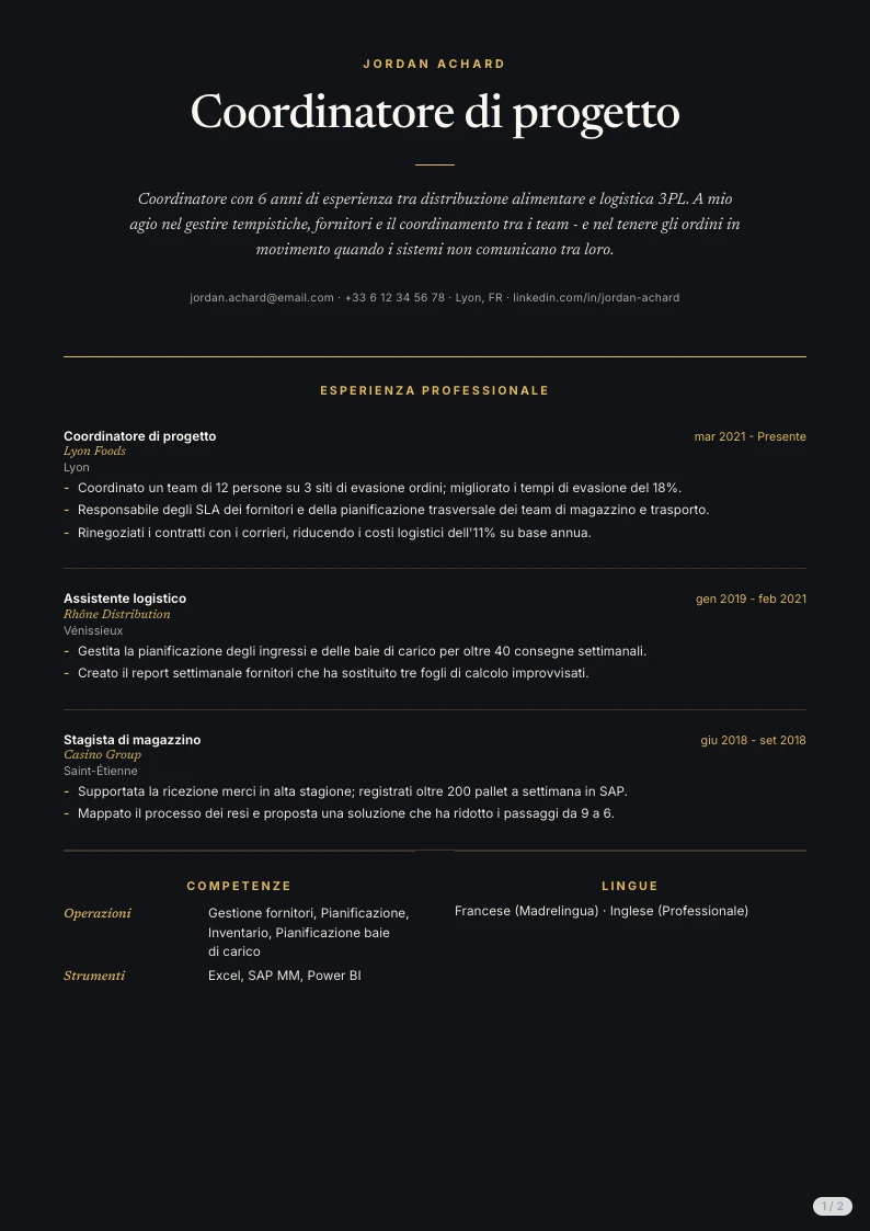 Modello di CV Zaniah - prima pagina